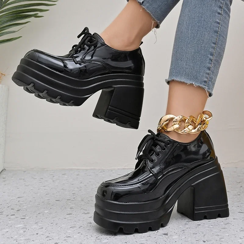 

2025 New Chunky Platform Oxford Shoes Women Super High Heel Patent Leather Shoes Woman Lace Up Thick Heeled Pumps Ladies 35-42