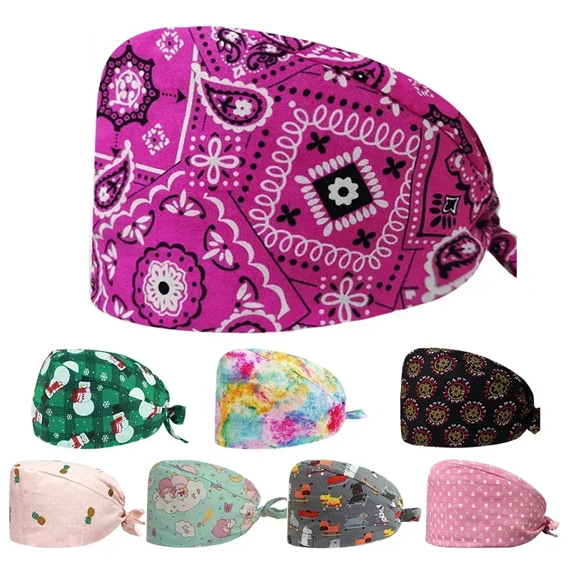 Boné cirúrgico estampado flor feminina, Chapéu de enfermagem de algodão, Chapéu de laboratório, Pet Clinic, Enfermeira médica odontológica, Novo Scrub Caps