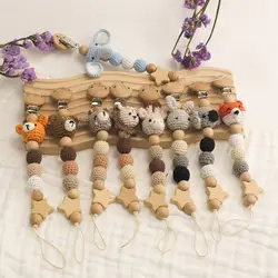 Infants Anti-drop Pacifier Holder Soother Chains Animal Baby Pacifier Clips With Storage Bag Beech Wood Dummy Holder