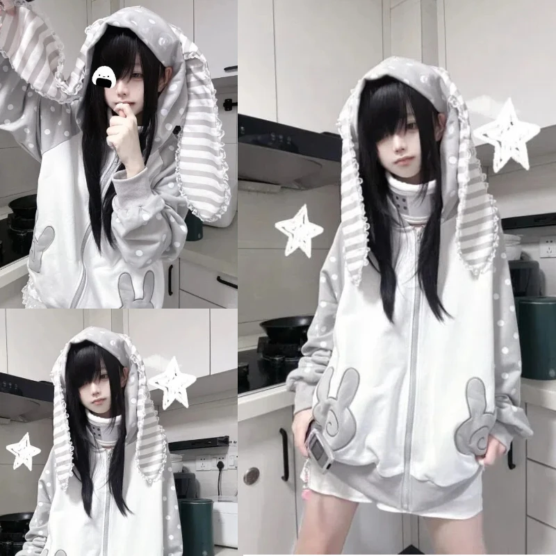 

Japanese Style Rabbit Ears Gray Hoodie Cute Top Coat Costume Lolita Jacket Kawaii Zipper Cardigan Long Sleeved Girls Women