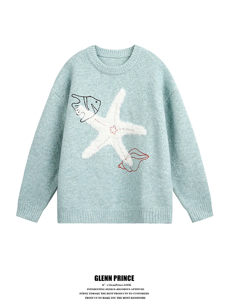 

Корейский вязаный свитер с вышивкой, мужской, повседневный, свободного кроя, удлиненный, для пар, зимний