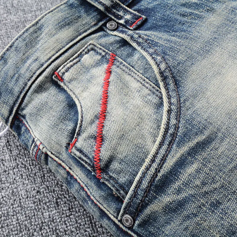 Fashion Designer Men Jeans High Quality Retro Washed Blue Stretch Slim Fit Ripped Jeans Men Italian Style Vintage Denim Pants