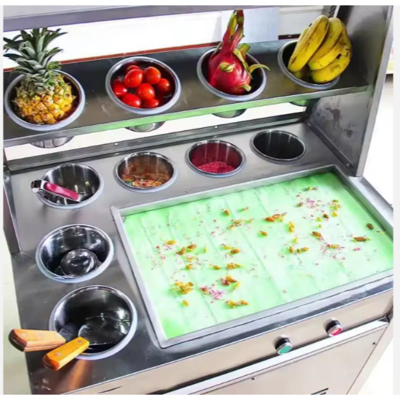 

Hot Sale Commercial Stainless Steel Frozen Fresh Fruit Yogurt Double Flat Pan Roll Fry Ice Cream Machine