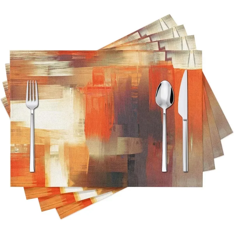 4 قطعة المفارش الفنية الحديثة البرتقال مجردة الطلاء مكان الحصير قابل للغسل الكتان تحديد الموقع للمطبخ طاولة طعام ديكور المنزل الطرف