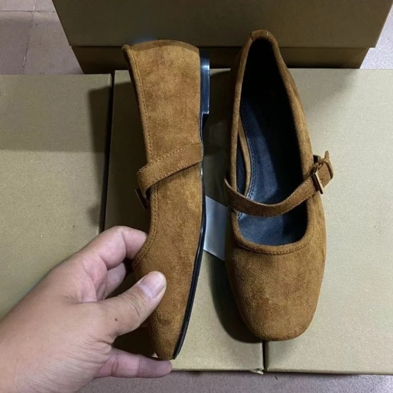 Walking Women's Mary Janes Shoes 2025 Spring Round Toe Soft Faux Suede Retro Brown Luxury Designer Girl Barefoot Ballet Flats — zdjęcie 5