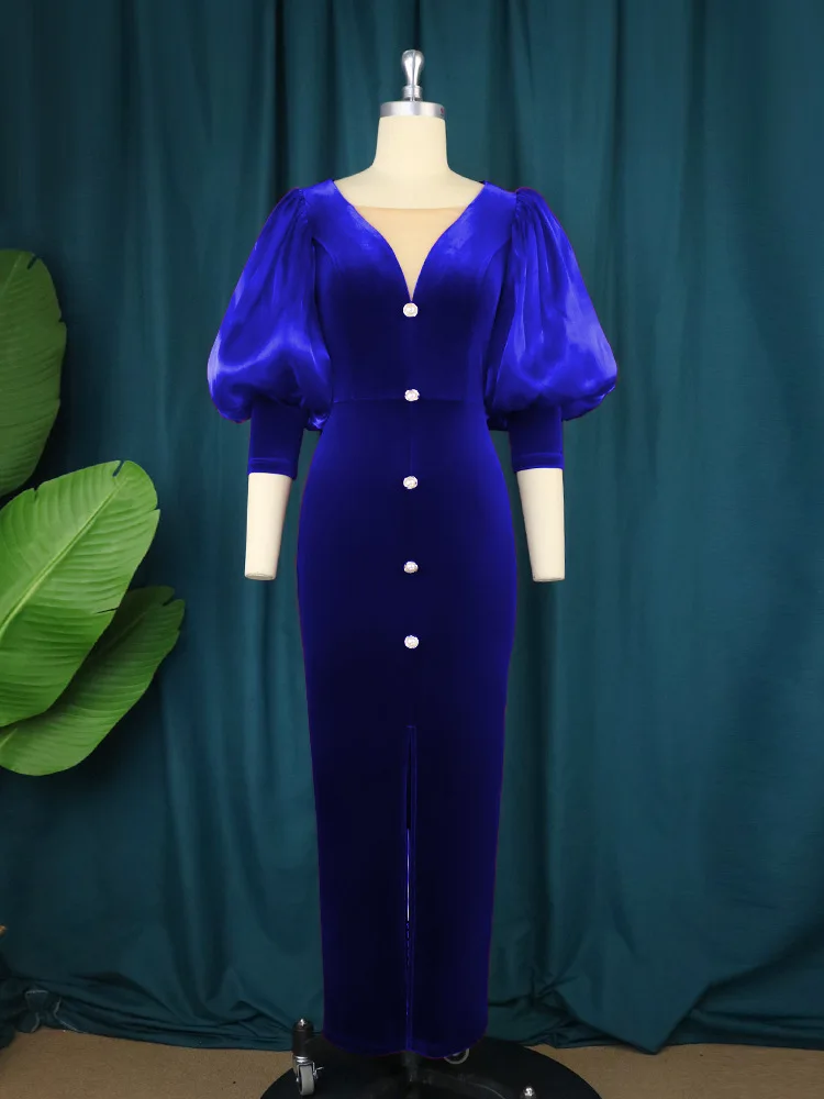 Robe de soirée fendue à manches lanterne pour femme, col en V, robe de cocktail élégante, grande taille, robe vintage, sexy, bienvenue, Rh