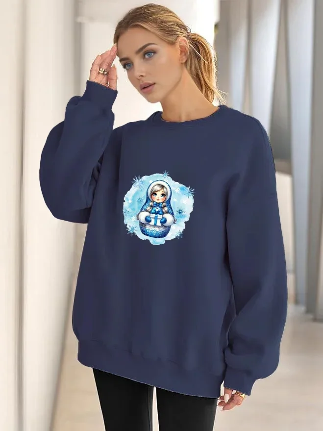 

Round Neck Women's Sweatshirt Long Sleeve Pullovers Velvet Winter Casual Novy God Russian New Year Printed Pattern Sweater