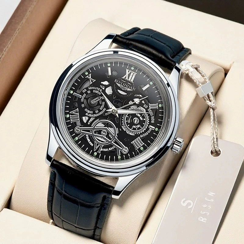 New Fashion Luxury Man Leather Business Watch Men Hollow Quartz Watches Students Higt Quality Wristwatches Gifts Reloj Hombre