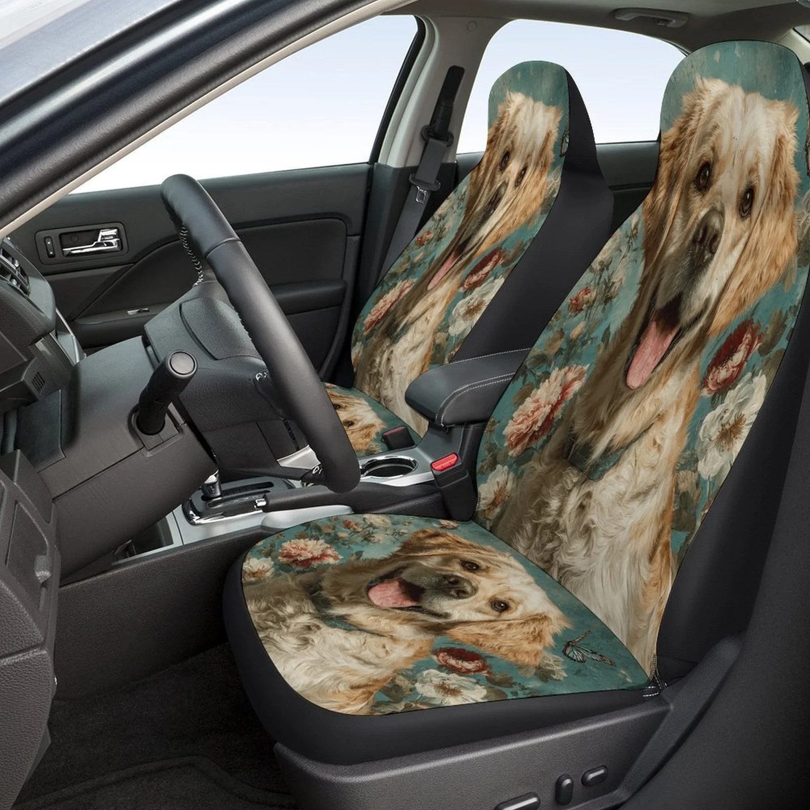 Floral Dog Portrait Designed Car Seat Cover Set For Most Cars, High-quality Comfortable Car Seat Protector Covers Full Set, Univ