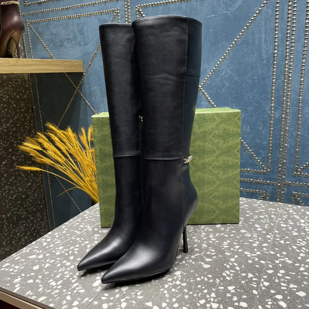 Shoes For Women Size35-42 Genuine Leather Boots Super High Heels Knee High Boot Metal Decoration Designer Shoes Zapatos De Mujer