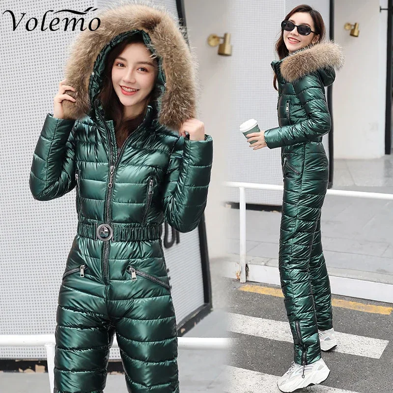 

Volemo One Piece Ski Suit Women Jackets Winter Hooded Parka Jumpsuit Women Bodysuit Sashes Jumpsuits Zipper Overalls Tracksuits