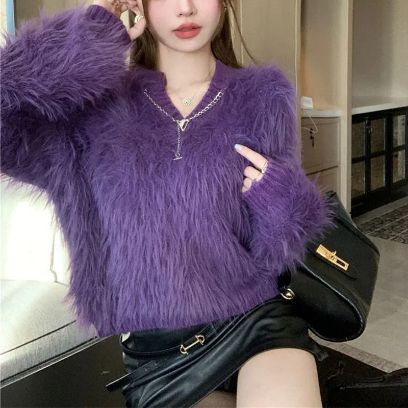 Lazy Wind Purple Y2K Sweater Tops New Thermal Loose Autumn Winter Design Long Sleeves Knitting V-neck Pullover All-match Tops