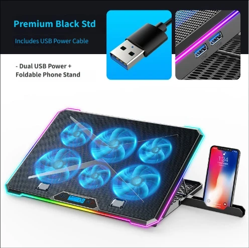 RGB Gaming Laptop Cooler for 13-17 inch laptops, cooling base with colorful ambient lights, adjustable height and fan speed