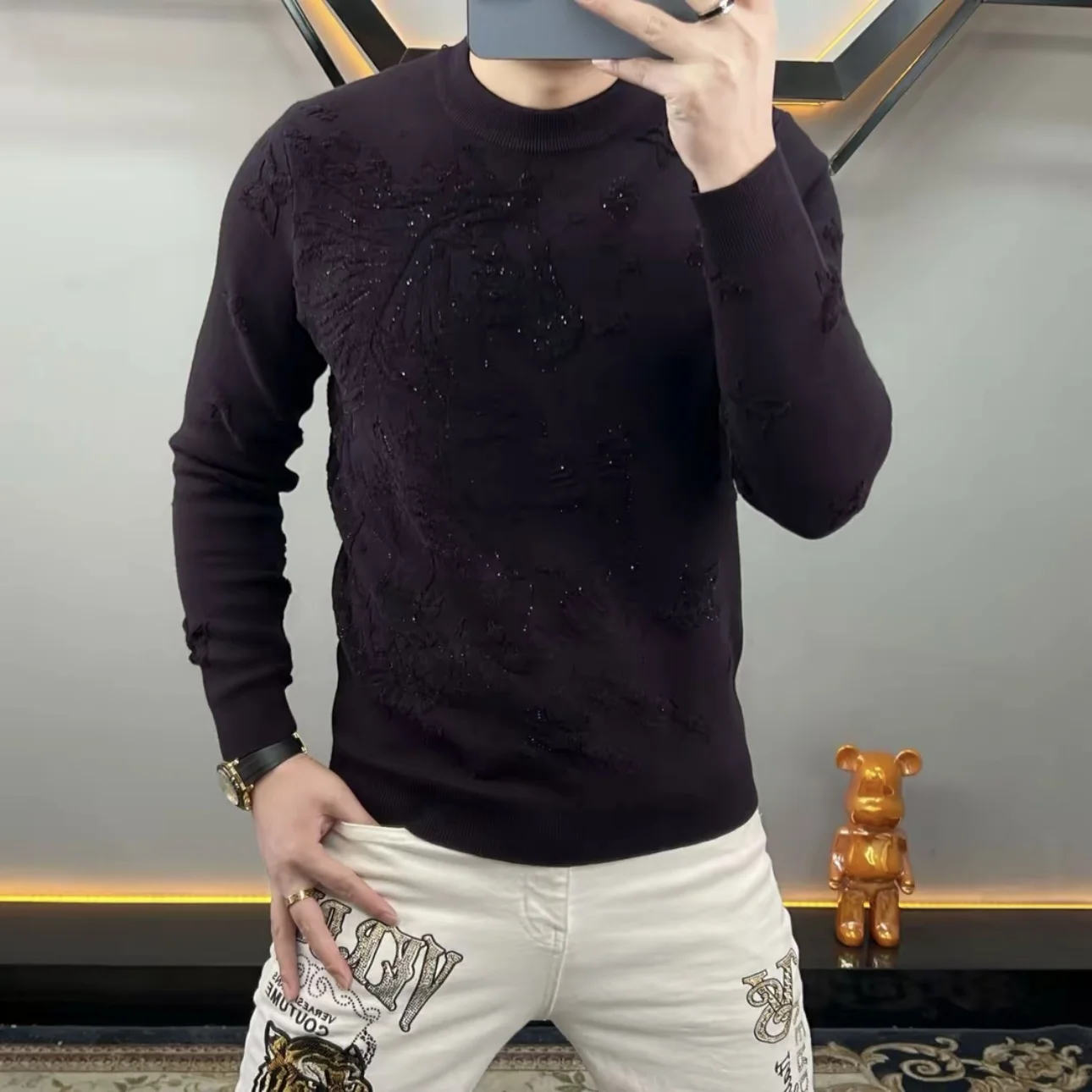

Мужской вязаный свитер с круглым вырезом, модный, эластичный, приталенный, зимний, новый, с вышивкой в виде ромбов, с термоактивным принтом, короткий рукав