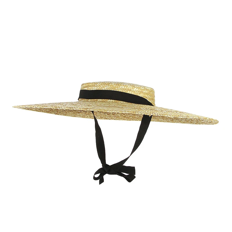 Sombrero de paja con lazo de ala grande y parte superior plana de paja rugosa de verano, sombrero de mujer de ala ancha, sombrero de paja de playa