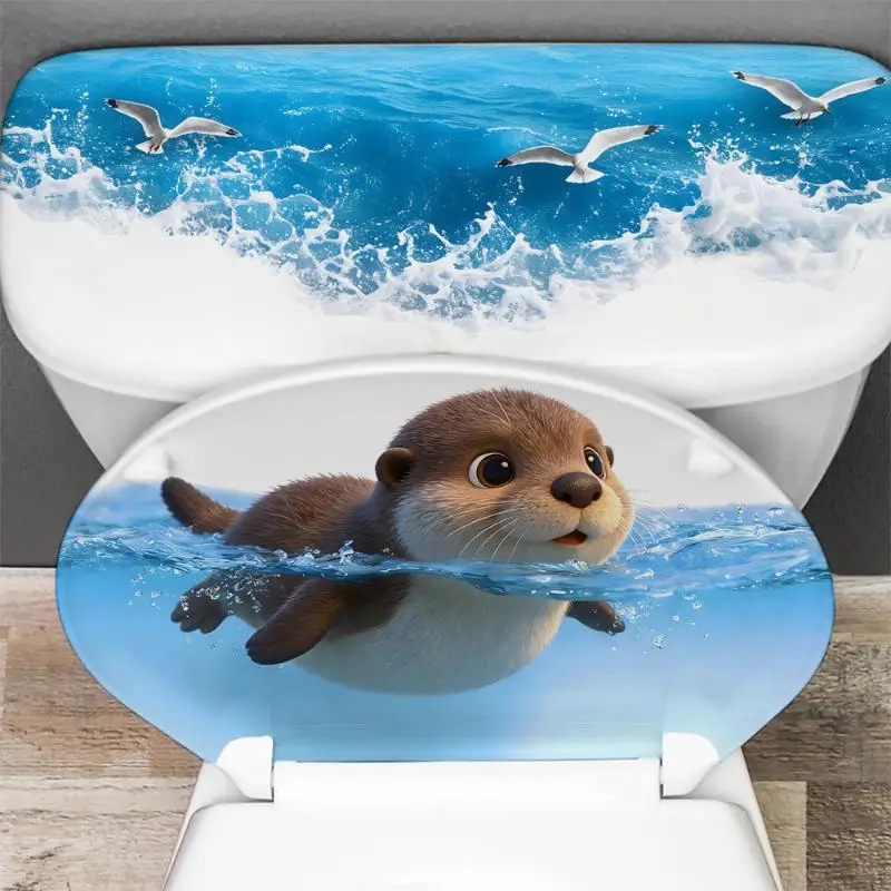Cute Cartoon Penguins Toilet Stickers, Waterproof Ocean Wave Toilet Seat Decals, Removable Bathroom Decor For Kids Bathroom Home