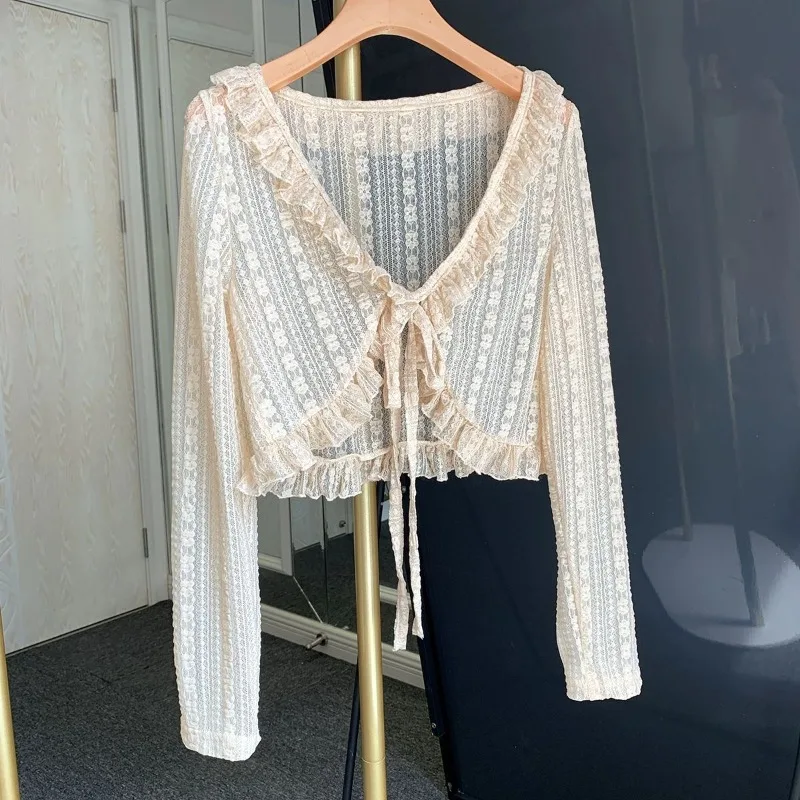 Zomer Abrikoos Kanten Riem Dames Cardigan Koreaanse Mode V-Hals Lange Mouw Cropped Tops Sweet Slank Dun Zonnebrandcrème Jasje Dames