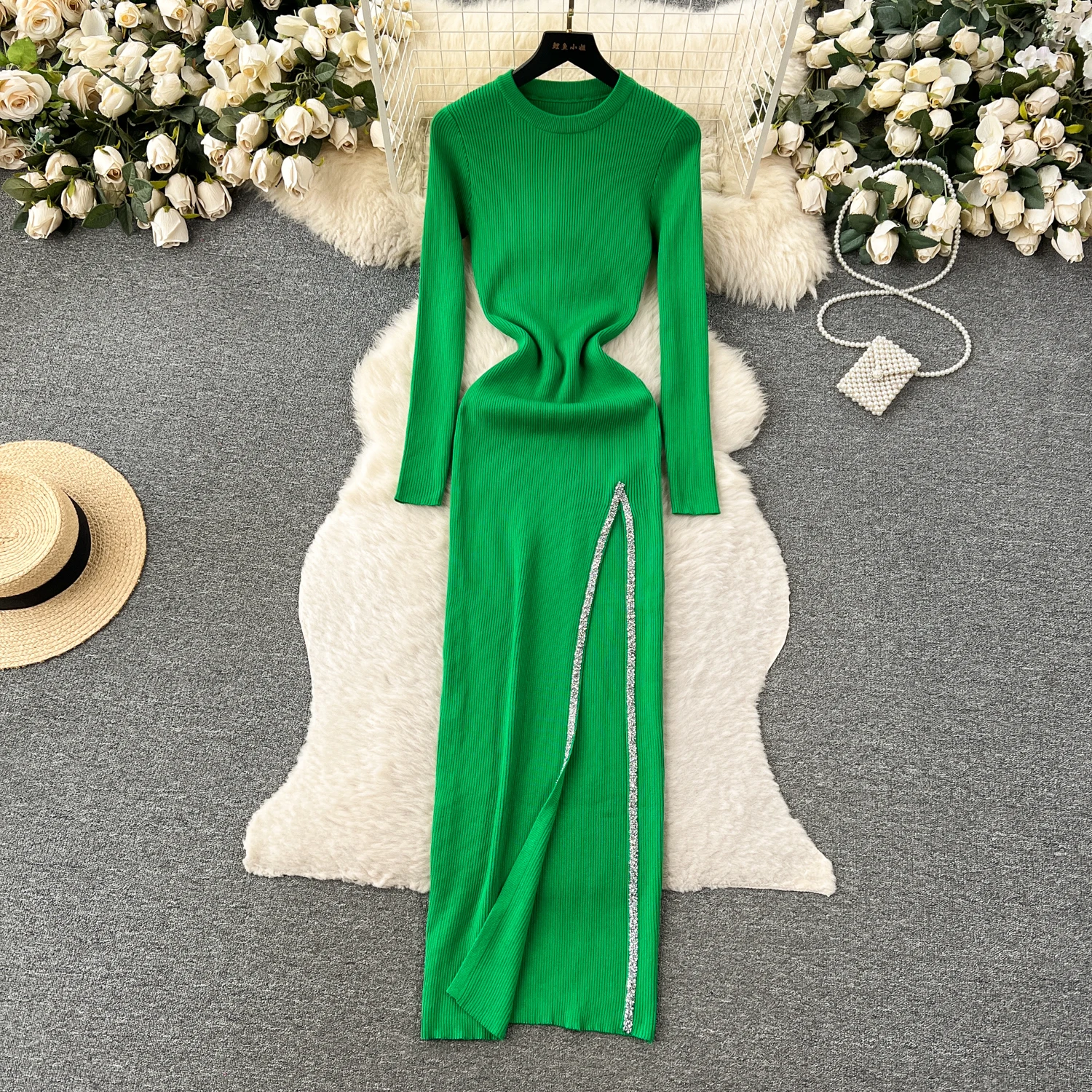 Women Chic Elegant Solid O Neck Long Sleeve Bodycon Split Dress Sexy Fashion Knit Elastic Slim Hip Wrap Sweater Dress