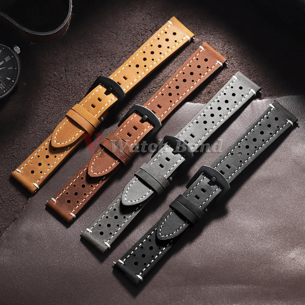 Vintage Watch Strap 18mm 19mm 20mm 21mm 22mm 24mm Bracelet Genuine Cowhide Strap Gray Black Brown Breathable Porous Watchbands