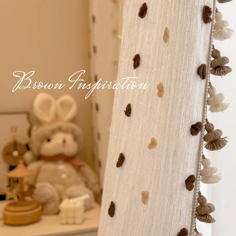 Custom Size Cute Polka Dot Embroidered Cream-Style Curtains for Living Dining Room Bedroom Kids-children White Tulle Chenille