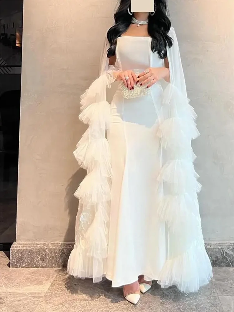 White Elegant Square Neck Formal Evening Dresses Shawl Tiered Ruffle Prom Dresses Customized vestidos a medida