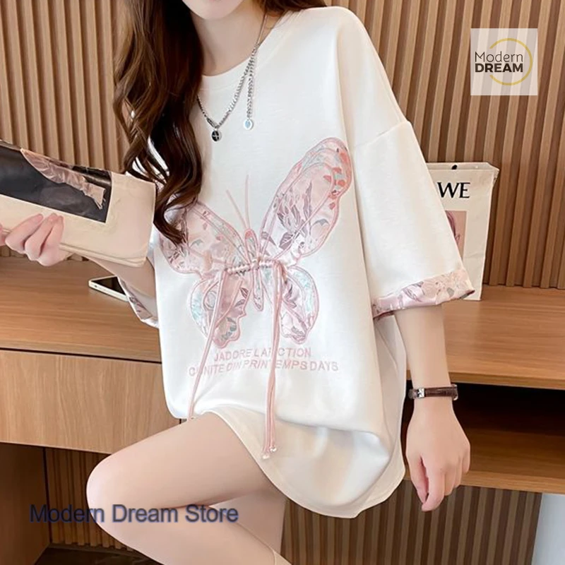 Chinese ethnic pink butterfly design cotton short-sleeved T-shirt women's summer new fashion loose plus size half-sleeve top.