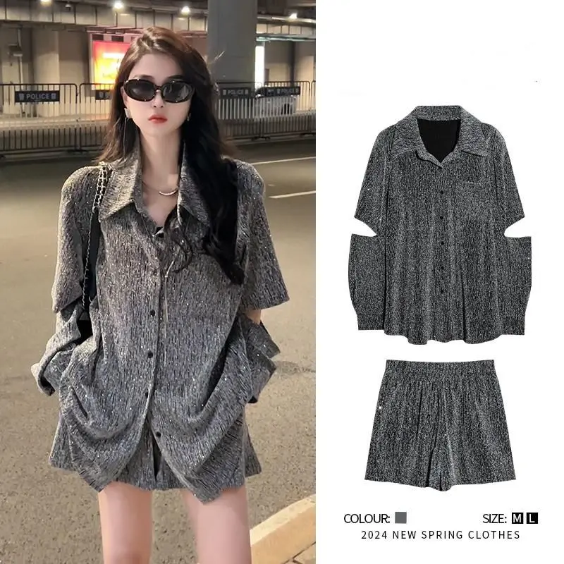 Summer Sparkling Gilded Hot Diamond Broken Sleeve Shirt Fashion Loose Short Sleeve Coat+Wide Leg Shorts Two Piece Set for women