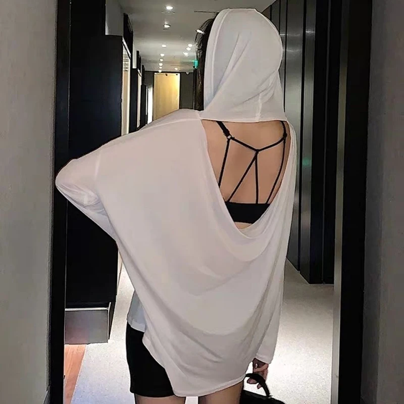 Backless Cover-up Black White Long Sleeve Summer Women Hooded T Shirt Fashion Harajuku Oversized All-match Tunic Sun Protection