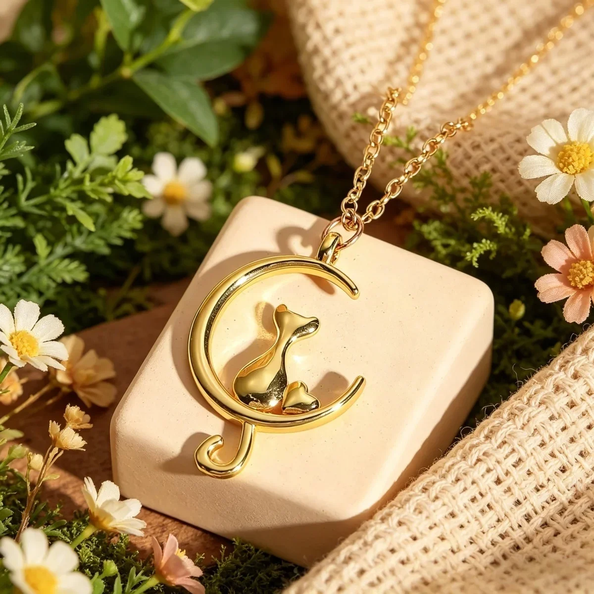 Gold Moon Cat Pendant Necklace Copper Link Chain Fashion Jewelry Birthday Party Favor Gift for Women
