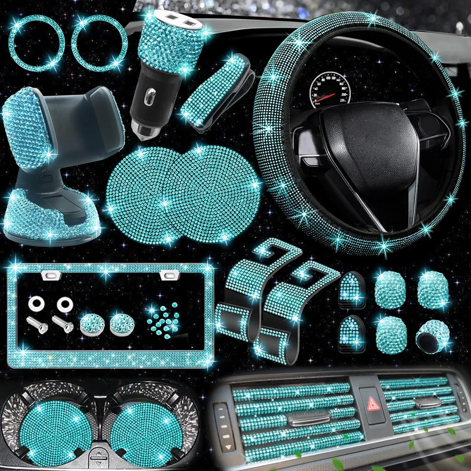 

27-Piece Aquamarine Bling Car Accessories Set: Steering Wheel Cover, Phone Holder, License Plate Frame & More for Women