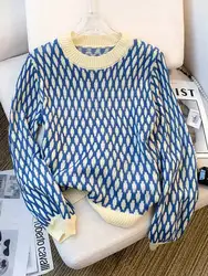 2025 Autumn New Korean Fashion INS Vintage Checkered Round Neck Pullover Knitted Sweater For Women Long Sleeve Y2K Casual Jumper