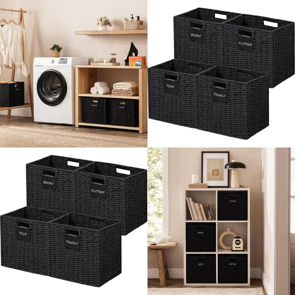 

Set of 4 Foldable Wicker Storage Cubes with Labels for Organized Shelves, Black