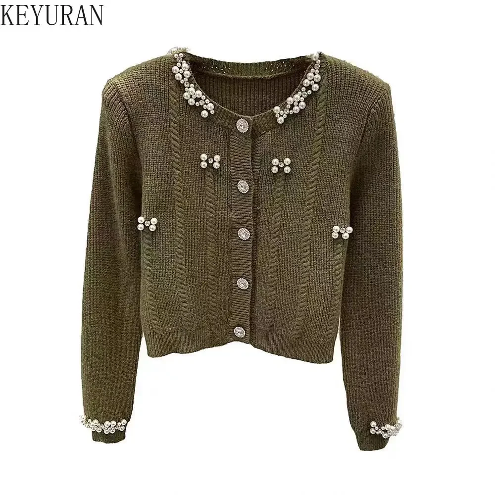 Autumn Pearls Beading Knitted Cardigan Sweater Women Vintage Fashion Long Sleeve Single-breasted Knitwear Crop Top Ladies Jumper