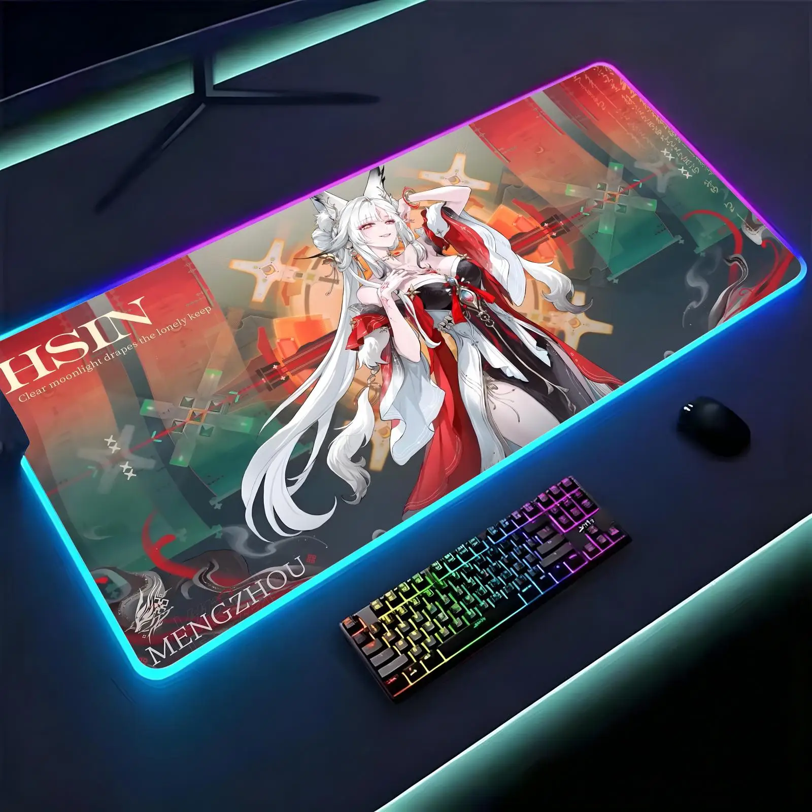 Wuthering Waves Hsin Large RGB backlit esports gaming mouse pad, smooth soft cloth surface, LED luminous extended desk mat