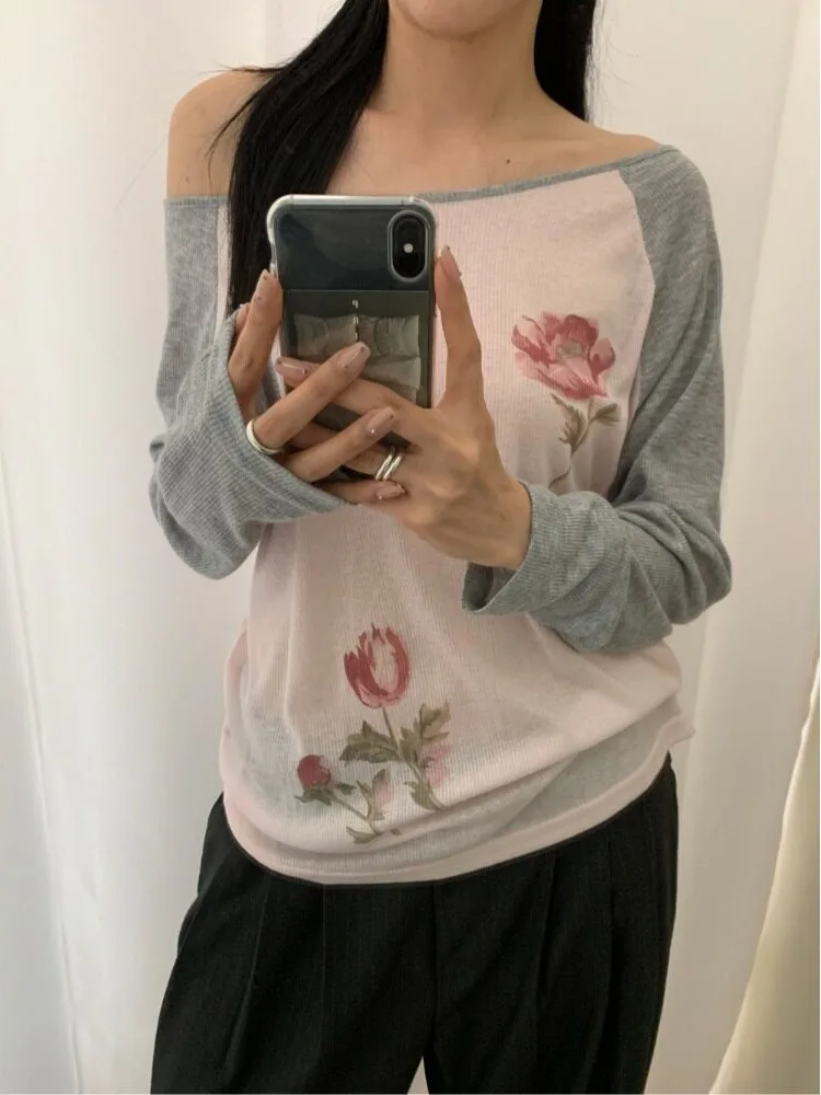 Korean Style Long Sleeve One Shoulder Splice T-Shirt Women Loose Feeling Base Shirt Top Flower Collision Color Chic 2026