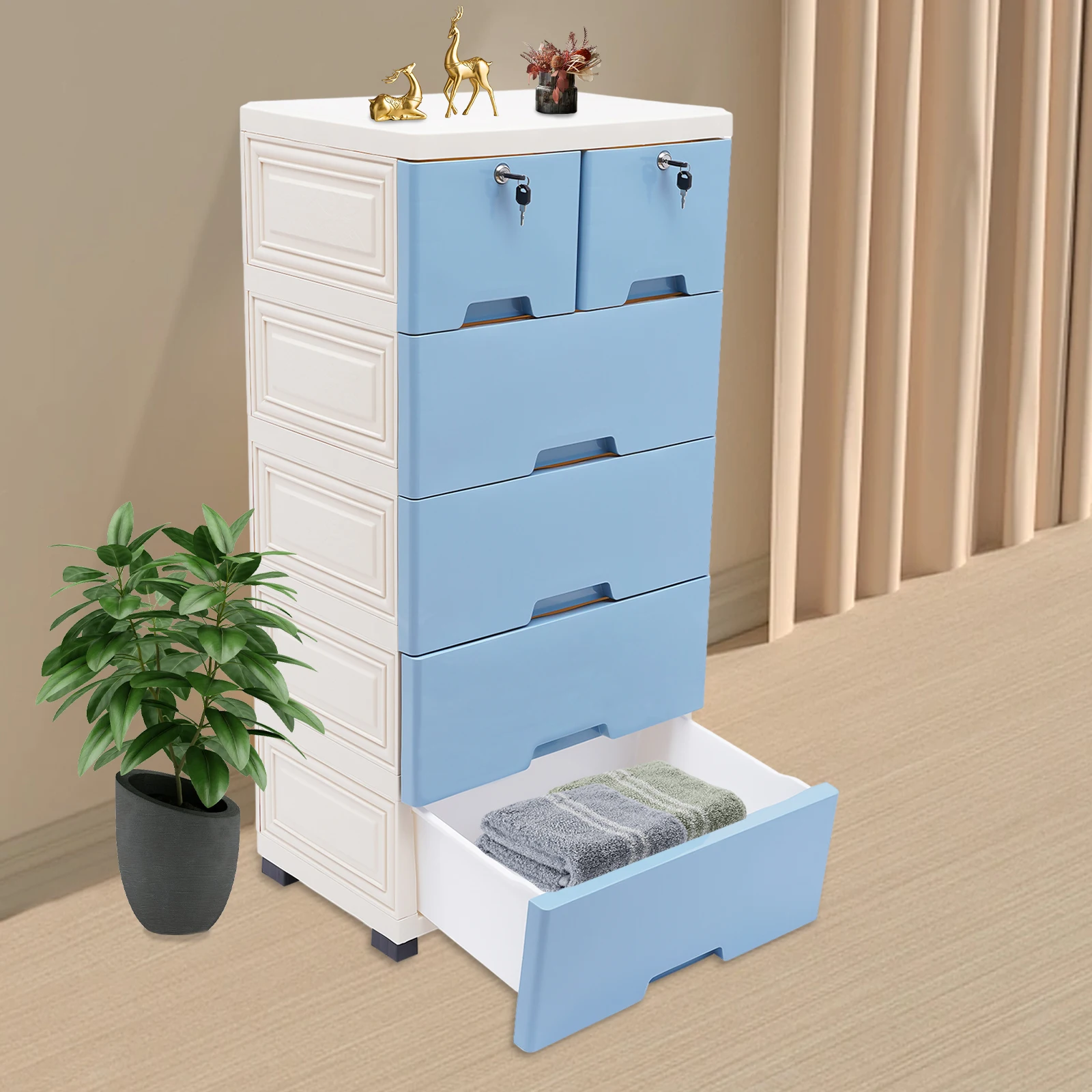 Versatile 6-Drawer Plastic Storage Tower with Wheels - Space-Saving Clothes & Office Organizer, Blue