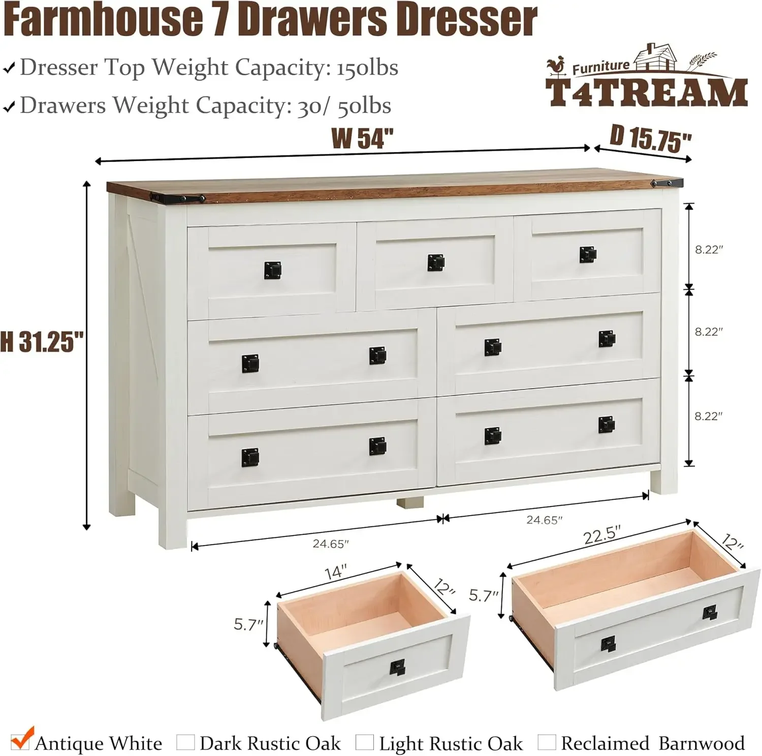 T4TREAM Farmhouse 7 Drawers Dresser Wood Rustic Tv Stand, Storage Organizer for Bedroom, Living Room,Hallway, Antique White