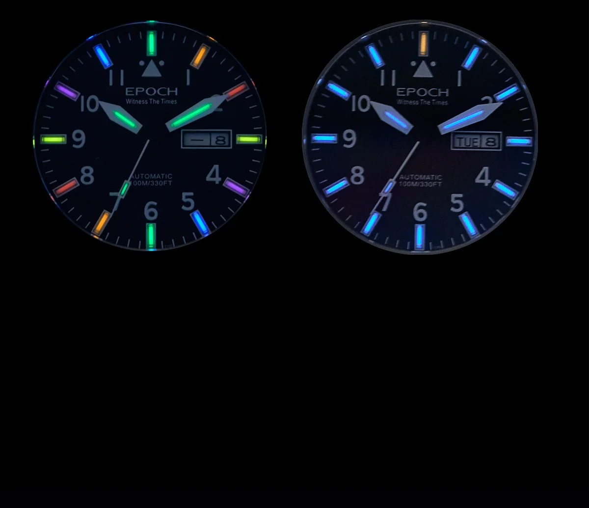 EPOCH Men Luminous Rainbow Light Watch Automatic Mechanical Japan Miyota 21Jewels Sapphire WR100M English Chinese week