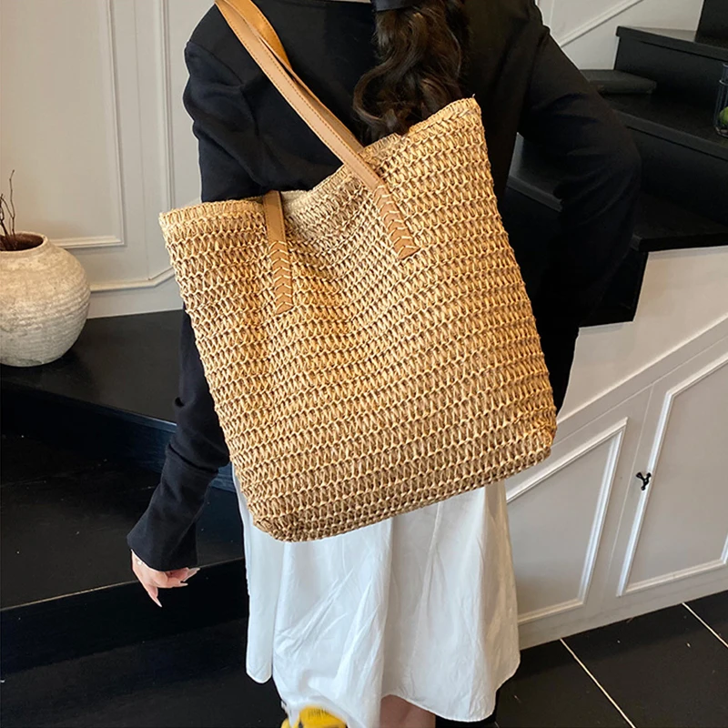 

Vintage Women Woven Shoulder Bag Solid Color Lace Ribbon Tote Handbags Wicker Boho Straw Bag for Beach Handle Beige Bag