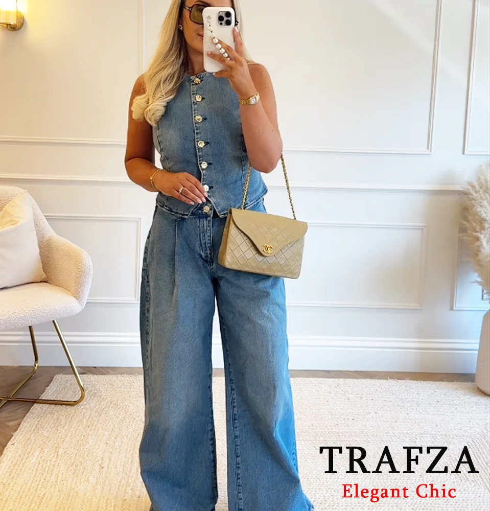 

TRAFZA Women High Street Denim Set Buttons Vest + High-Waist Wide-Leg Jeans 2025 New Spring Summer Fashion Elegant Casual Set