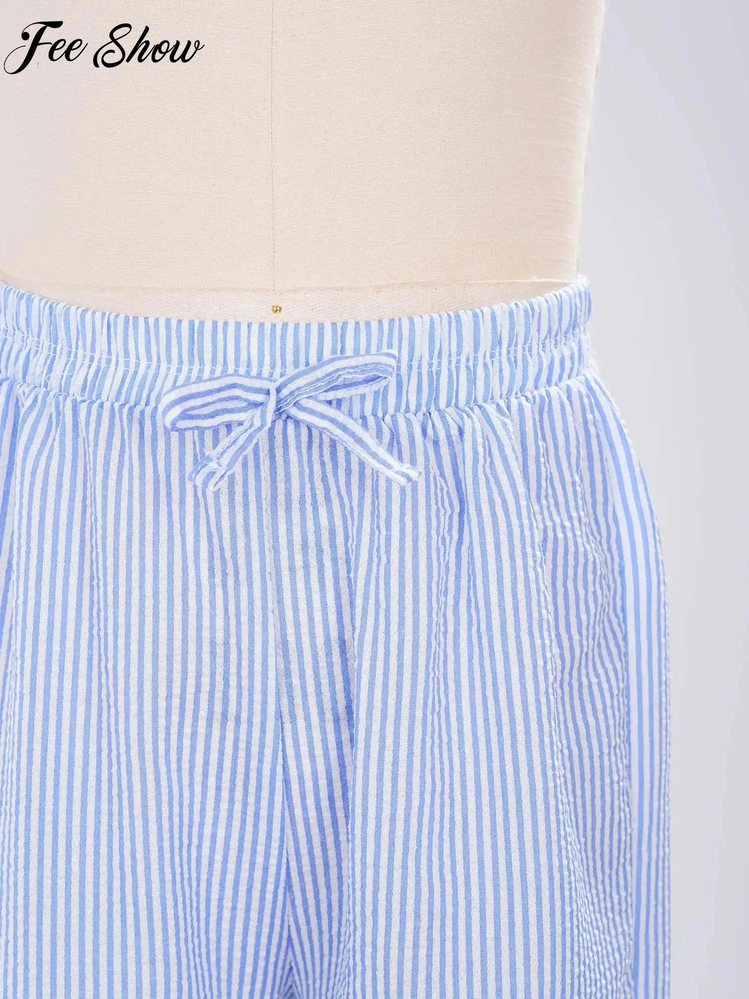 Kids Girls Striped Wide-leg Pants Bow Decorated Elastic Waist Trousers for Casual Daily Life Travel Vacation Beach