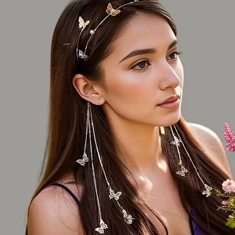 New pearl diamond butterfly fringe headband design sense hand-made alloy headband Sensens superior sense headwear