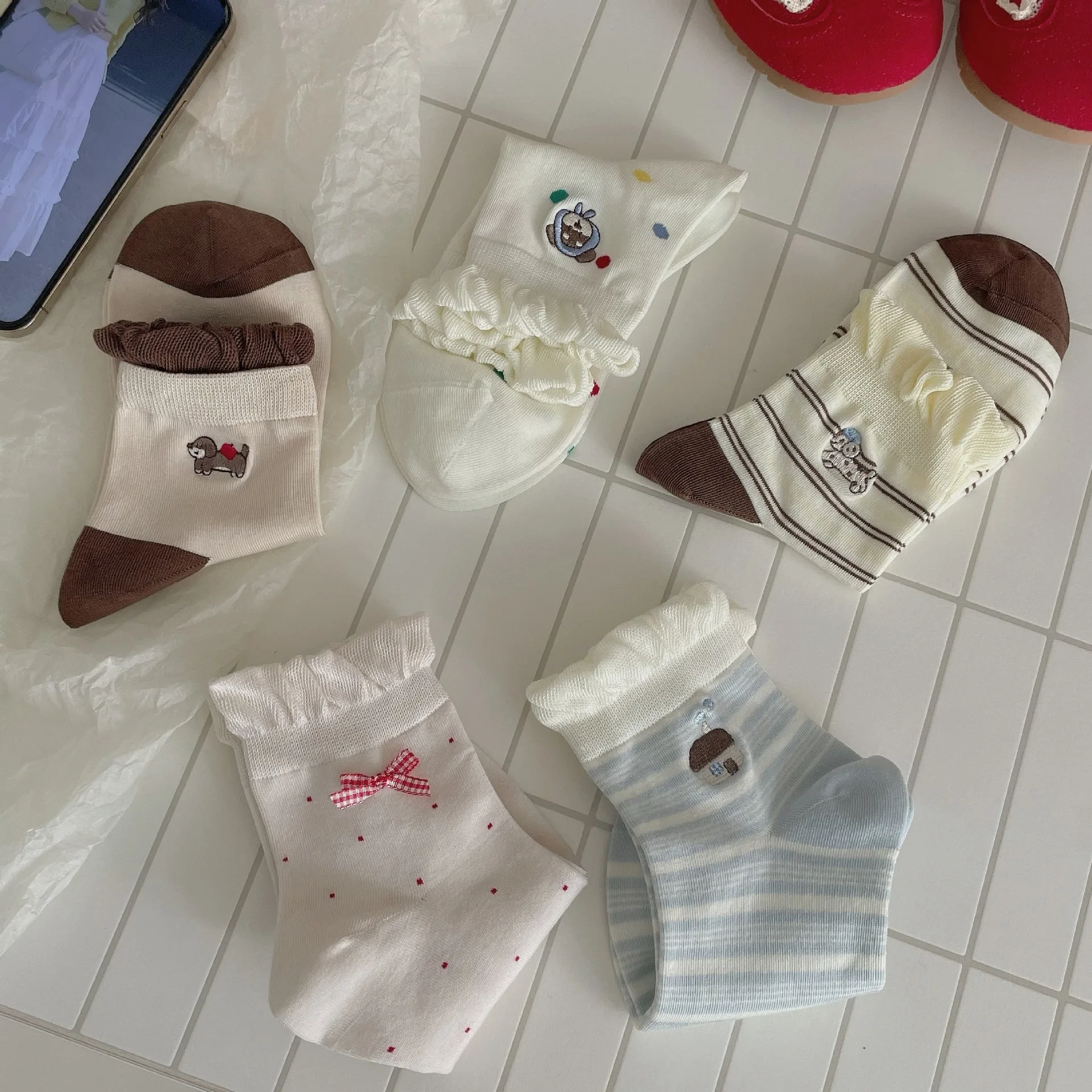 Cartoon Puppy Embroiderey Women Short Socks Casual Striped Polka Dot Low Tube Ankle Socks Women Lolita Kawaii Cute Frilly Socks