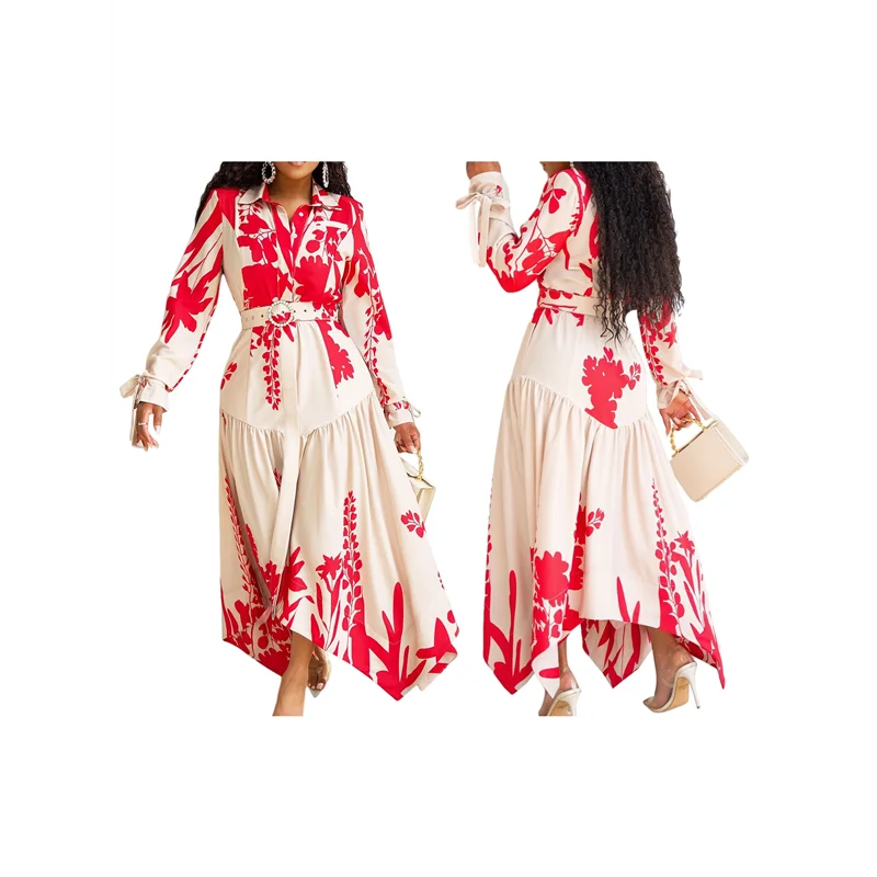 ABRT-여성 가을 ​​꽃 드레스 Boho 긴 소매 옷깃 미디 Sundress Flowy Dress