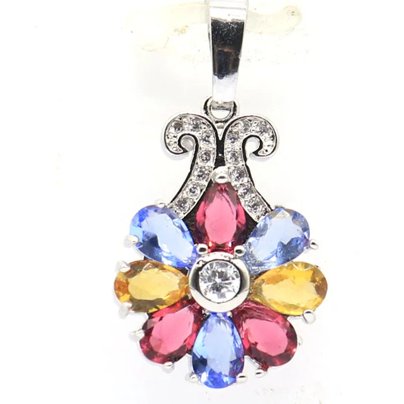 Buy 4 Get 1 Free 30x16mm Beautiful Flowers Shape Golden Citrine Pink Tourmaline Rich Blue Violet Tanzanite Silver Pendant