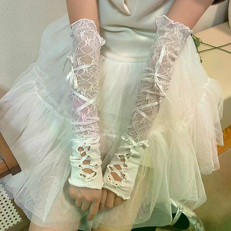 Strapping Lace Fingerless Hot Sexy Arm Sleeves DIY Lace-up Sunscreen Gloves Elastic Mesh Punk Gloves Clothing Accessories Women