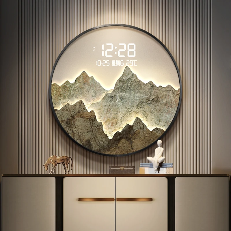 Entryway Decorative Wall Art with Clock, Round Electronic Luxury Wall Painting, New Chinese Style Hanging Mural Clock