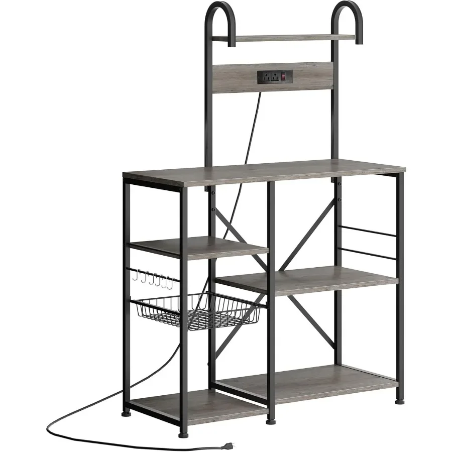 رف الخبازين مع مخرج طاقة وحامل ميكروويف للمطبخ وغرفة المعيشة ورف تخزين 6 طبقات مع 6 خطافات وفكرة سلة سلكية #1