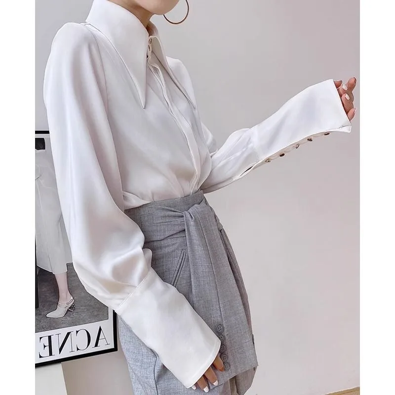 QWEEK Office Elegant White Women's Shirt Chic Luxury Solid Color Loose Blouse Long Sleeve Minimalist Button Up Clothes Autumn