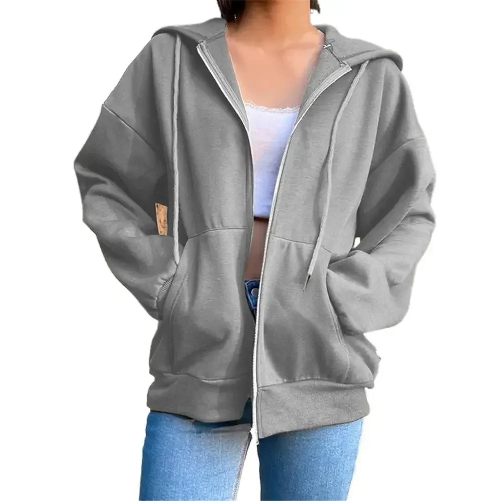 New Autumn Solid Zip-Up Fleece Hoodies Women Casual Loose Hooded Sweatshirts Witth Drawstring Pockets Lady Zipper Sports Hoodies